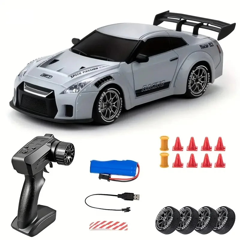 4WD 1:24 Semi-Proportional RC Drift Car - 20KM/H High Speed with LED Lights, Drift Tires & Road Barrier Toy for Kids Adults