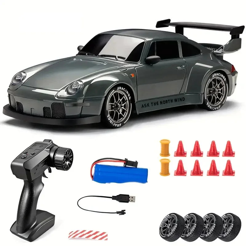 4WD 1:24 Semi-Proportional RC Drift Car - 20KM/H High Speed with LED Lights, Drift Tires & Road Barrier Toy for Kids Adults