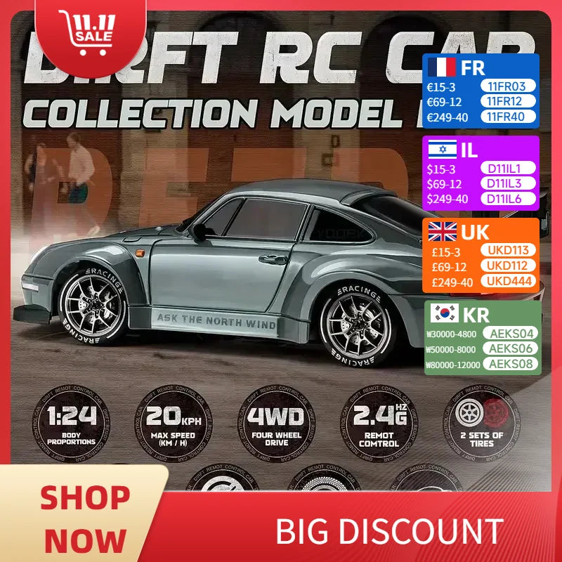 4WD 1:24 Semi-Proportional RC Drift Car - 20KM/H High Speed with LED Lights, Drift Tires & Road Barrier Toy for Kids Adults